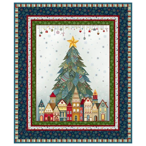 Henry Glass Fabrics Nordic Holiday Mary Jane Carey Snowy Night Quilt Kit, colorful quilt with a Christmas tree and village design, surrounded by festive borders.