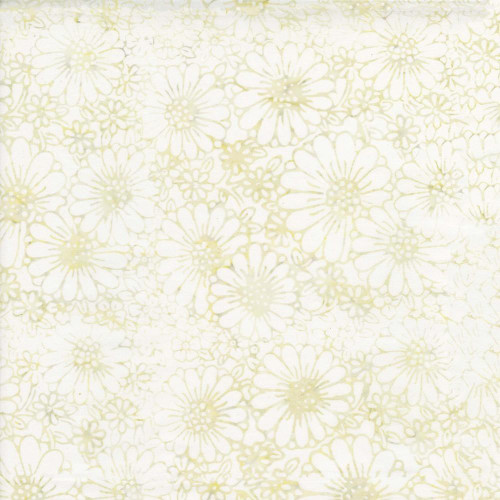 Timeless Treasures Fabrics Radiant Meadow Tonga Batiks Wing and a Prayer 70s Style Florals Cloud, fabric with a white and light yellow floral pattern featuring daisies in a cloud-inspired design.