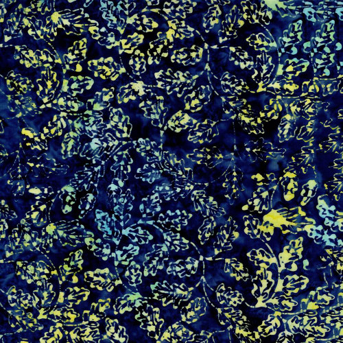 Timeless Treasures Fabrics Radiant Meadow Tonga Batiks Wing Prayer Leaves On Swirly Vines Dazzle, fabric featuring a navy background with yellow and light blue leaf and vine patterns.