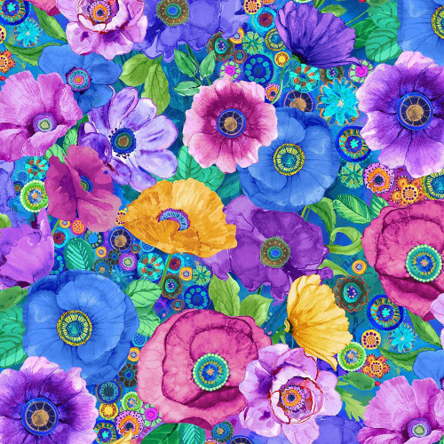 Timeless Treasures Fabrics On The Bright Side Abstract Poppy Collage Multi, a vibrant fabric design featuring colorful abstract poppy flowers and intricate circular patterns.