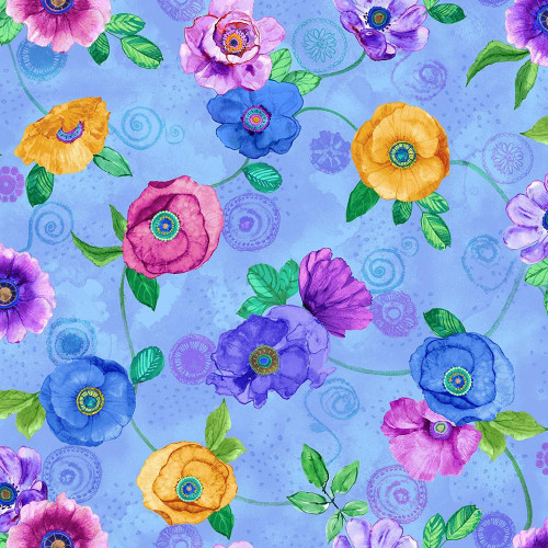 Timeless Treasures Fabrics On The Bright Side Spaced Poppy Dream Blue, colorful floral pattern with vibrant poppies and green leaves on a blue background.