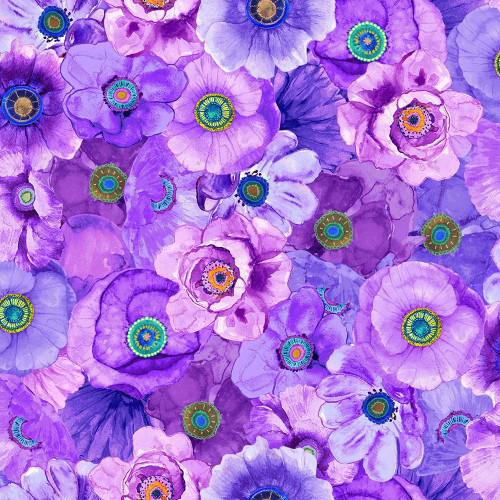Timeless Treasures Fabrics On The Bright Side Packed Tonal Poppies Lavender, watercolor floral fabric design featuring shades of purple and lavender with colorful circular accents.