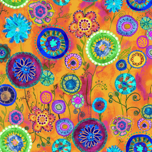 Timeless Treasures Fabrics On The Bright Side Stitch Floral Medallions Orange, vibrant colorful floral medallion pattern on an orange background.