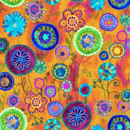 Timeless Treasures Fabrics On The Bright Side Stitch Floral Medallions Orange