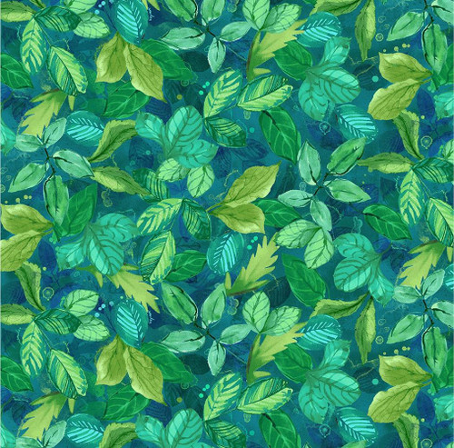 Timeless Treasures Fabrics On The Bright Side Poppy Leaves Green, vibrant leaf pattern in shades of green and teal with detailed leaf designs on a dark background.