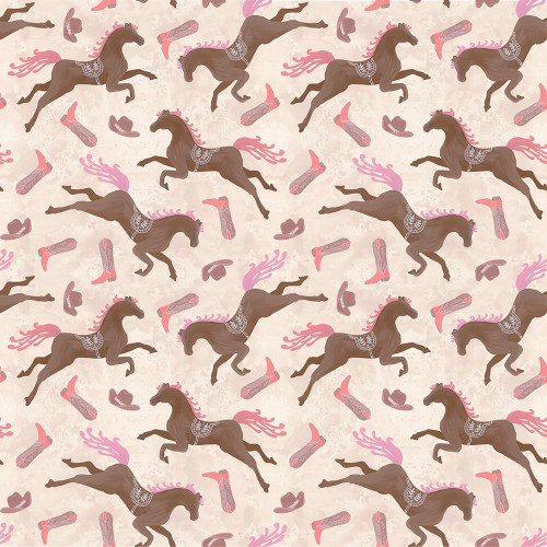 Timeless Treasures Fabrics Disco Cowgirl Cowgirl Horses Beige Brown Pink fabric pattern with running horses, cowboy boots, and hats design.