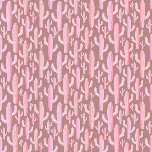 Timeless Treasures Fabrics Disco Cowgirl Cactus Brown, fabric with pink cacti on a brown background in a repeating pattern.