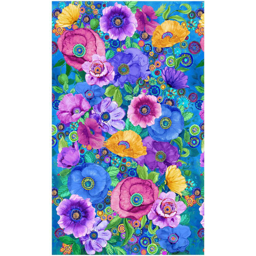 Timeless Treasures Fabrics On The Bright Side Abstract Poppy Panel 24 Fantasy, vibrant floral fabric featuring colorful poppies and intricate patterns.