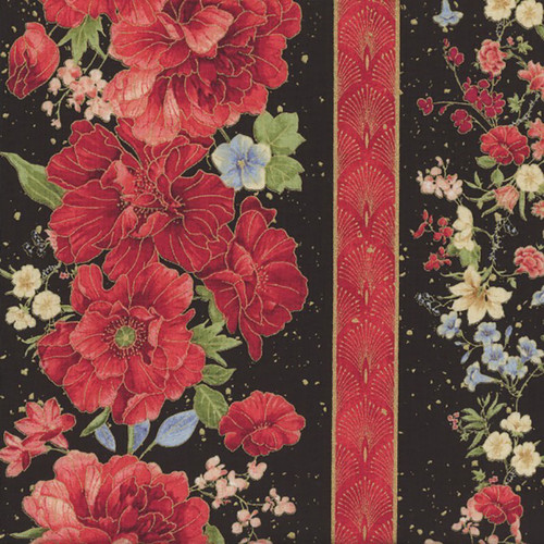 Timeless Treasures Fabrics Imperial Bloom Chong A Hwang Asian Floral 11 Inch Stripe Black, fabric with an intricate design of large red and pink flowers, green leaves, and a decorative border on a black background.