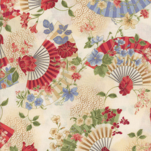 Timeless Treasures Fabrics Imperial Bloom Chong A Hwang Asian Floral Fans Metallic Beige