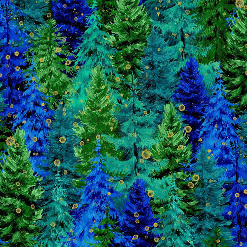 Timeless Treasures Fabrics Endless Sky Night Evergreen Metallic Evergreen Green, fabric with a pattern of pine trees in shades of green and blue with metallic gold accents.