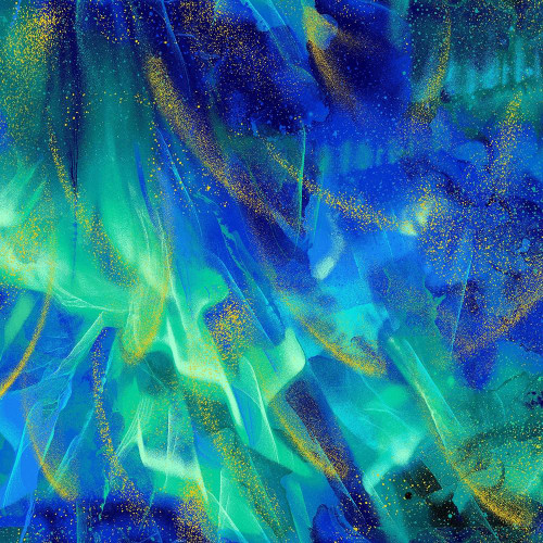 Timeless Treasures Fabrics Endless Sky Gilded Northern Light Met Aurora Blue, abstract fabric design with vibrant shades of blue, green, and gold speckles, resembling a celestial sky or aurora borealis.