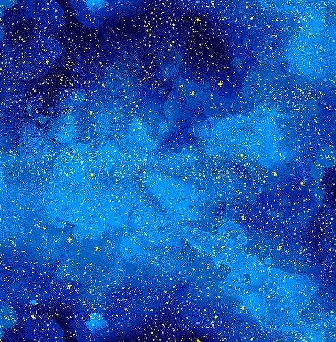 Timeless Treasures Fabrics Endless Sky Sparkle Sky Blue, fabric design featuring a celestial pattern with blue watercolor background and yellow speckles resembling stars.