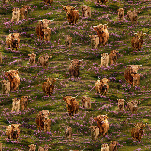 Timeless Treasures Fabrics Heather and Highland Highland Cows Meadow Green