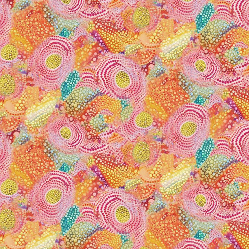 Timeless Treasures Fabrics Jubilant Packed Medallion Floral Bright, colorful floral fabric with bright medallion patterns in pink, orange, yellow, green, blue, and purple on a vibrant background.
