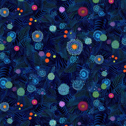 Timeless Treasures Fabrics Jubilant Night Floral Sapphire, a dark blue fabric with vibrant floral and leaf patterns in shades of pink, purple, orange, and green.