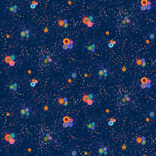 Timeless Treasures Fabrics Jubilant Small Bright Floral Indigo, a fabric with a vibrant and colorful small floral pattern on a deep indigo background.