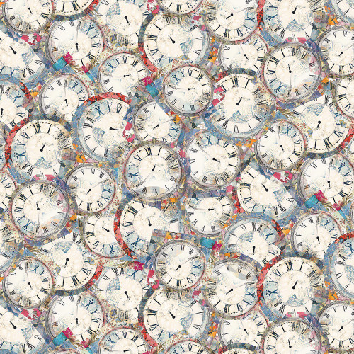 Timeless Treasures Fabrics Looking Glass Packed Vintage Clocks Multi Pink Cream Blue