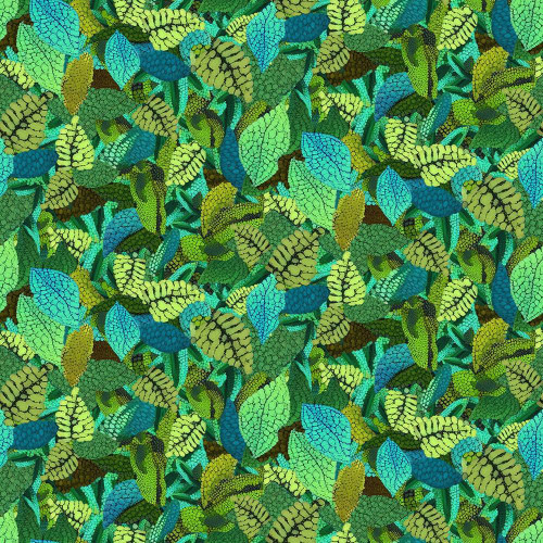 Timeless Treasures Fabrics Jubilant Packed Leaves Green, detailed pattern of vibrant green, blue, and yellow leaves with intricate vein designs.