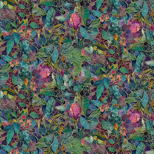 Timeless Treasures Fabrics Mosaic Bee Packed Mosaic Floral Jewel, vibrant floral mosaic fabric with intricate bee and floral patterns in rich colors.