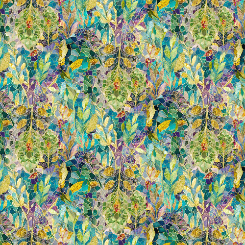 Timeless Treasures Fabrics Mosaic Bee Packed Mosaic Leaves Multi Green Purple