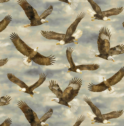 Timeless Treasures Fabrics Above and Beyond Eagles In The Sky Multi, fabric pattern featuring flying bald eagles with detailed feathers and cloudy sky background.