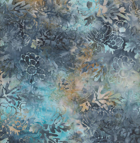 Timeless Treasures Fabrics Misty Beaches Tonga Batiks Harvest Floral Neptune Blue, abstract floral pattern in shades of blue, gray, and beige on batik fabric.