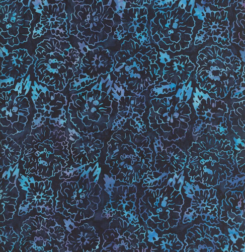 Timeless Treasures Fabrics Misty Beaches Tonga Batiks Packed Flowers Midnight Blue Purple, fabric with a floral pattern in shades of blue and purple on a dark background.