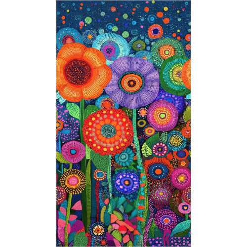 Timeless Treasures Fabrics Jubilant Jubilant Floral Panel 24 Multi, vibrant floral design with colorful abstract flowers against a dark background.