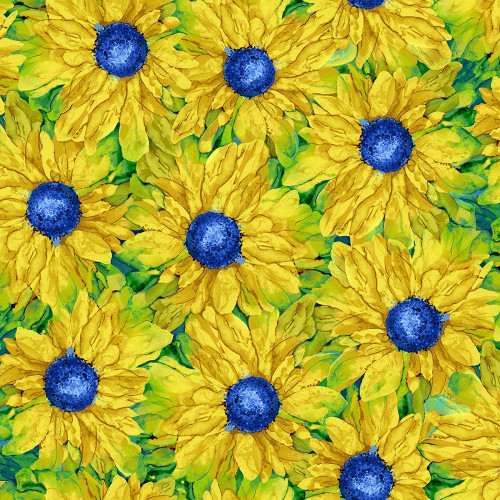 Timeless Treasures Fabrics Provence Packed Sunflowers Yellow, vibrant yellow sunflower pattern with blue centers and green leaves.