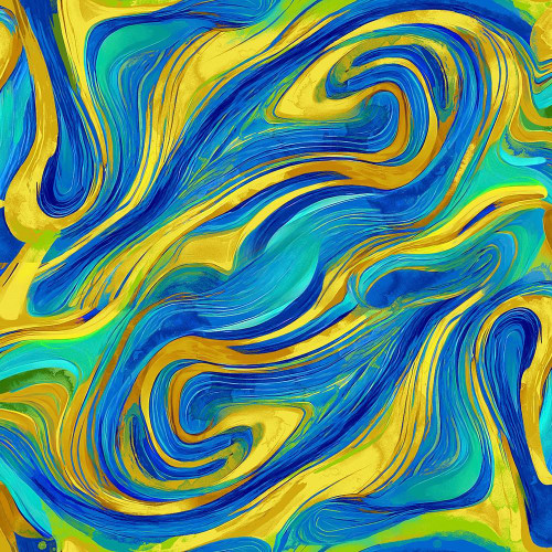 Timeless Treasures Fabrics Provence Watercolor Swirls Multi, vibrant abstract watercolor fabric pattern with swirling shades of blue, yellow, and green.