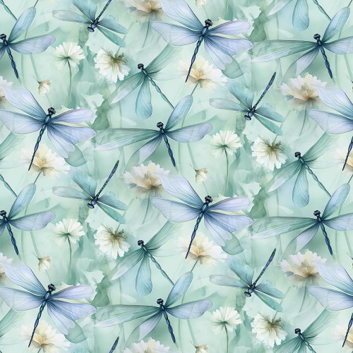 Timeless Treasures Fabrics Gossamer Dragonflies And Floral Mint Green, seamless pattern of delicate dragonflies and white flowers on a mint green background.