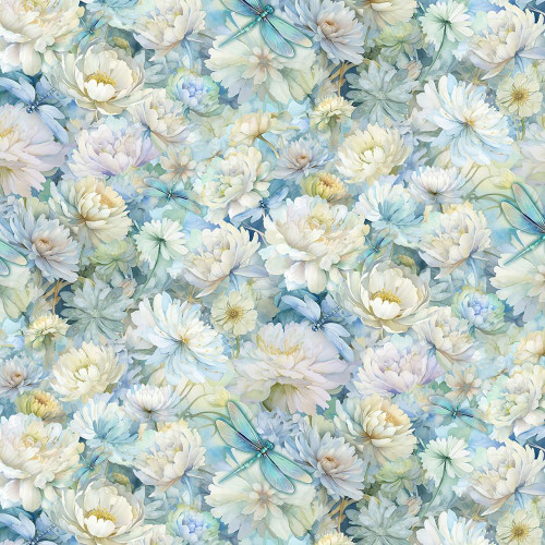 Timeless Treasures Fabrics Gossamer Dragonfly On Packed Floral Mist Green Blue, a detailed floral fabric pattern featuring soft peonies and wildflowers in pastel shades with blue dragonflies.
