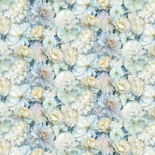 Timeless Treasures Fabrics Gossamer Packed Floral Natural Cream, detailed floral pattern featuring soft pastel flowers in cream, blue, and green shades, ideal for quilting and fabric crafts.