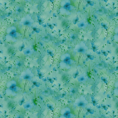 Timeless Treasures Fabrics Gossamer Floral Field Green, a fabric with a vibrant floral pattern featuring blue flowers and green foliage on a soft green background.