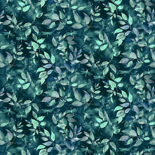 Timeless Treasures Fabrics Gossamer Dragonflies And Leaves Hunter Green, fabric with a lush pattern of leaves and dragonflies in shades of green on a hunter green background.