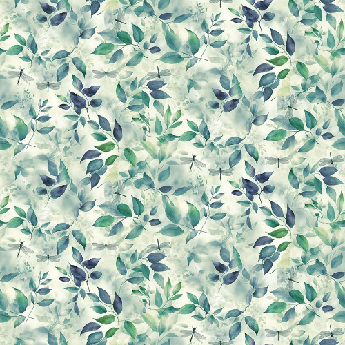 Timeless Treasures Fabrics Gossamer Dragonflies And Leaves Sage Green, a fabric pattern featuring watercolor-style green and blue leaves and delicate dragonflies.
