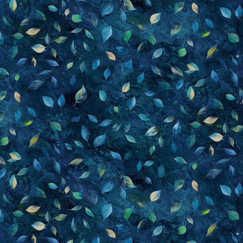 Timeless Treasures Fabrics Gossamer Fall Leaves Navy Blue, fabric featuring a pattern of fall leaves in navy blue, green, and beige hues on a textured navy background.