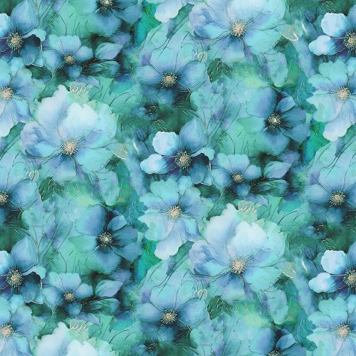 Timeless Treasures Fabrics Gossamer Tonal Floral Jade Green, a vibrant jade green floral fabric with watercolor-style blue flowers and green leaves, perfect for sewing and quilting projects.