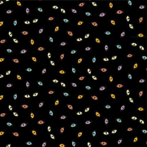Timeless Treasures Fabrics Feline Folk Tossed Cat's Eyes Black, a fabric with a black background featuring small, colorful cat eye patterns in yellow, blue, purple, and brown.