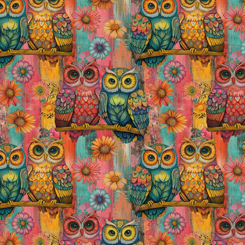 Timeless Treasures Fabrics Wild Wings Packed Owls And Floral Multi, colorful owl and floral patterned fabric featuring vibrant images of owls perched on branches and surrounded by flowers.