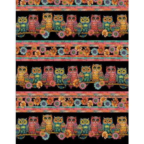 Timeless Treasures Fabrics Wild Wings Bright Owls 11 Inch Stripe Black, colorful owl pattern with floral accents on a black background.