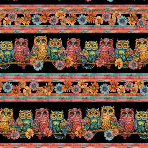 Timeless Treasures Fabrics Wild Wings Bright Owls 11 Inch Repeating Stripe Black