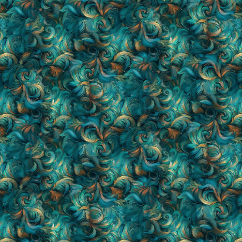 Timeless Treasures Fabrics Wild Wings Packed Owl Feathers Blue, close-up of fabric with swirling owl feather pattern in shades of blue, teal, and gold
