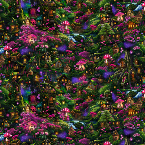 Timeless Treasures Fabrics Fairy Forest Fairy Forest Houses Multi Blue Green