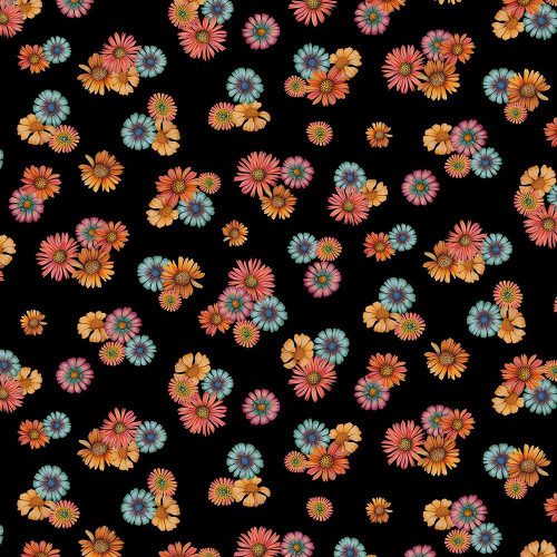 Timeless Treasures Fabrics Wild Wings Owl's Bright Floral Black, a fabric with vibrant floral patterns of pink, blue, and orange flowers on a black background.