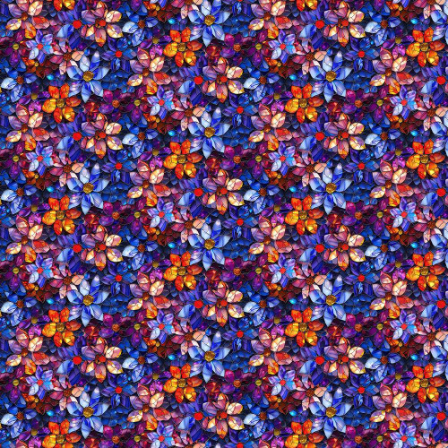 Timeless Treasures Fabrics Fantasia Packed Bright Floral Multi, vibrant mosaic of multicolored floral stained glass pattern.