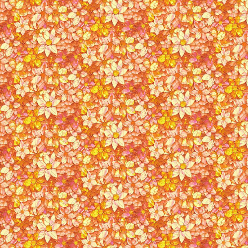 Timeless Treasures Fabrics Fantasia Packed Bright Floral Orange, vibrant floral fabric design with orange, yellow, pink, and white flowers.