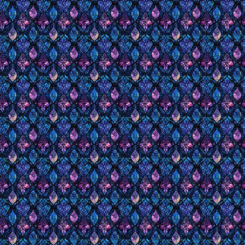 Timeless Treasures Fabrics Fantasia Geo Diamond Floral Blue, intricate stained glass-inspired pattern in shades of blue, purple, and pink.