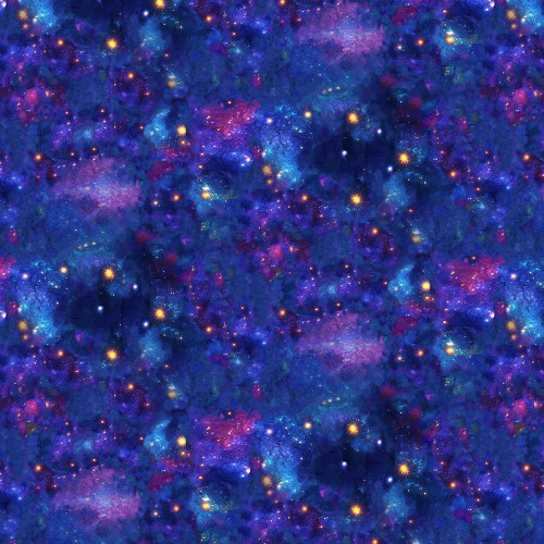 Timeless Treasures Fabrics Fantasia Cosmic Sky Galaxy, colorful galaxy pattern fabric with vibrant blues, purples, pinks, and star-like specks.